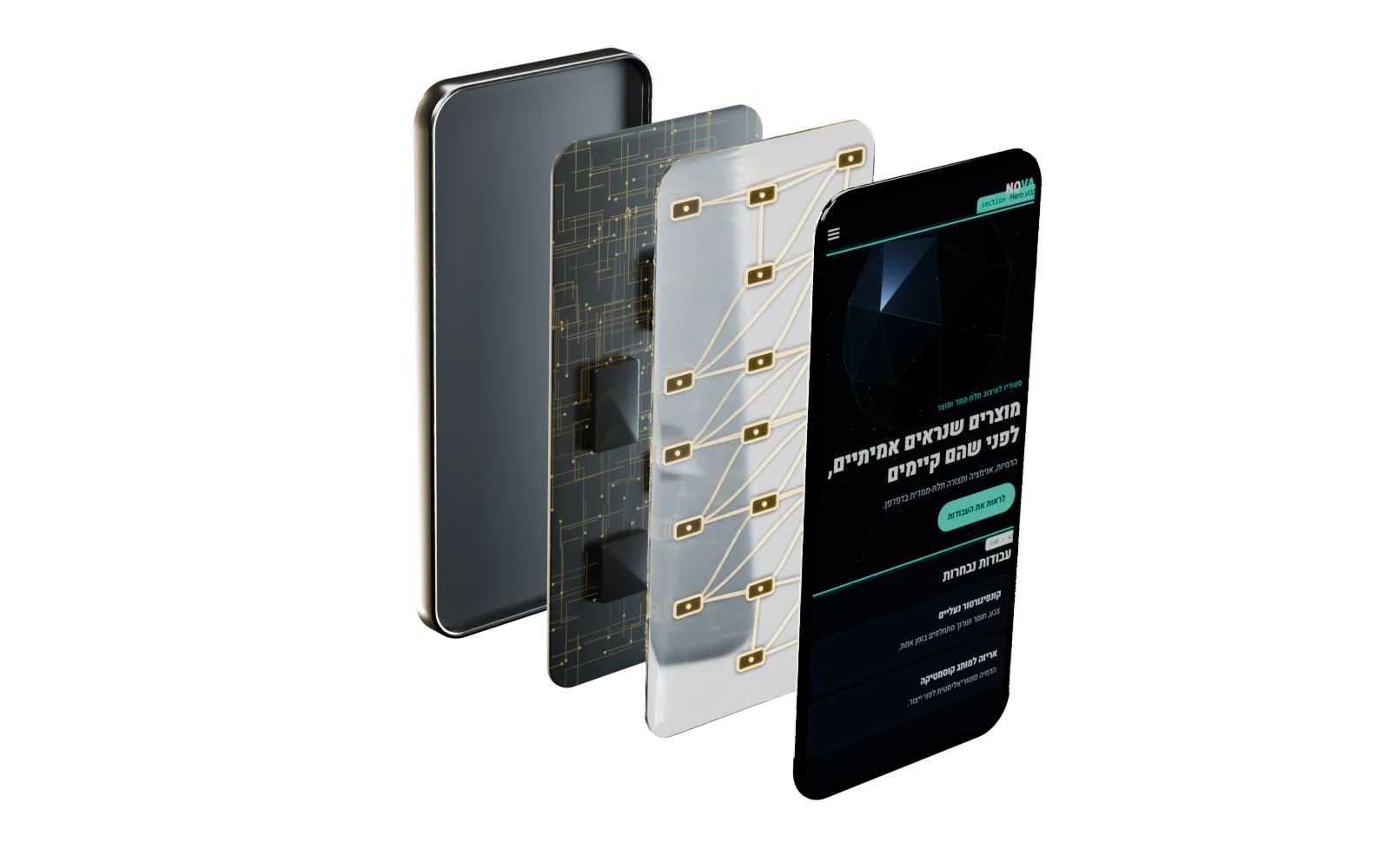 A phone taken apart into four layers, the screen, the logic, the data and the foundation