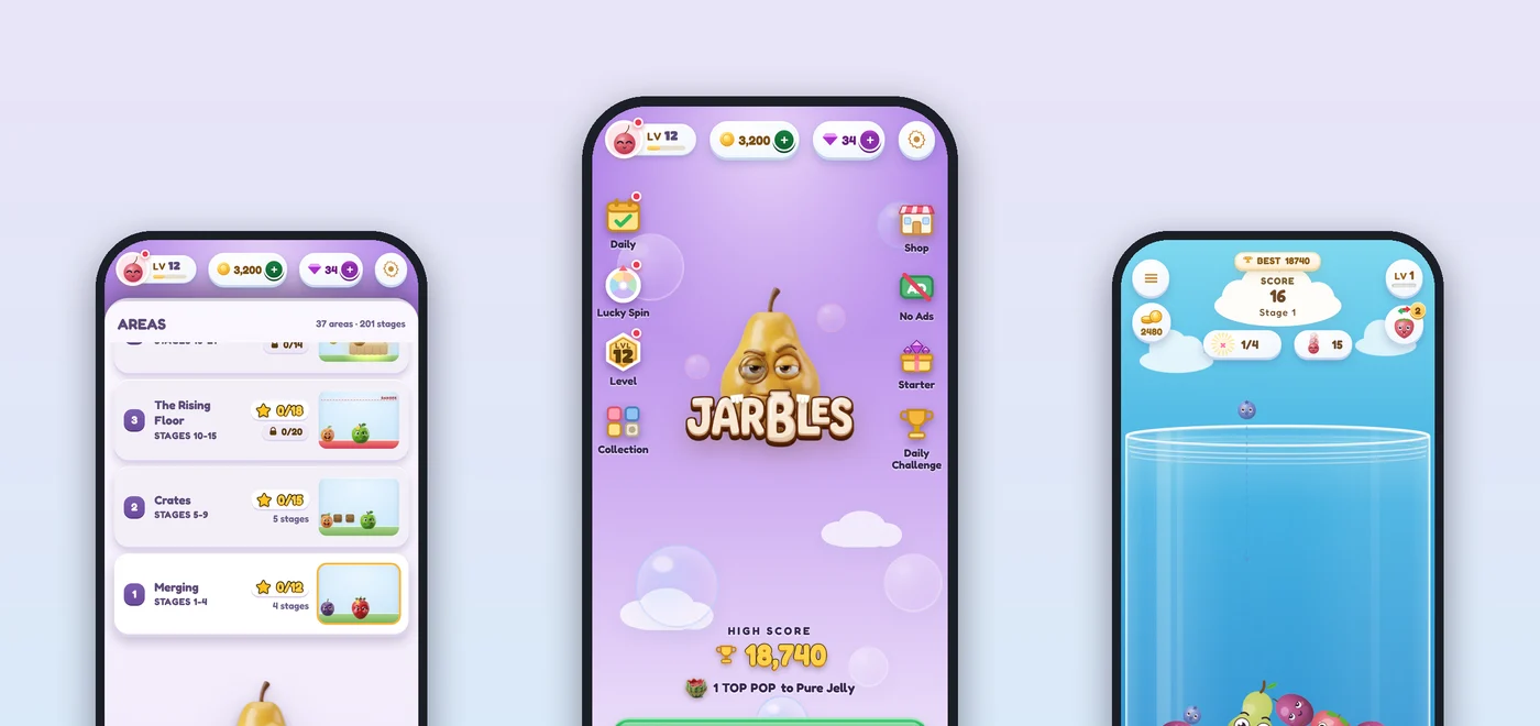 screen Jarbles, A mobile merge game built from scratch, with adventure mode, daily challenges and a shop, all the way to APK